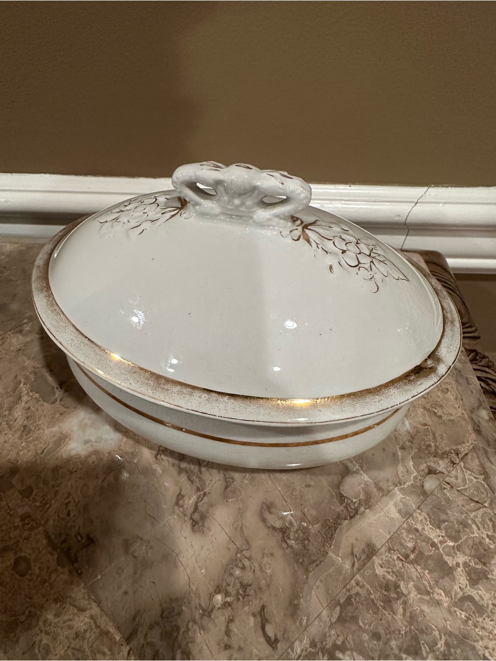 Anthony Shaw & Son White Opaque Stone China Butter Serving Dish with Gold Trim